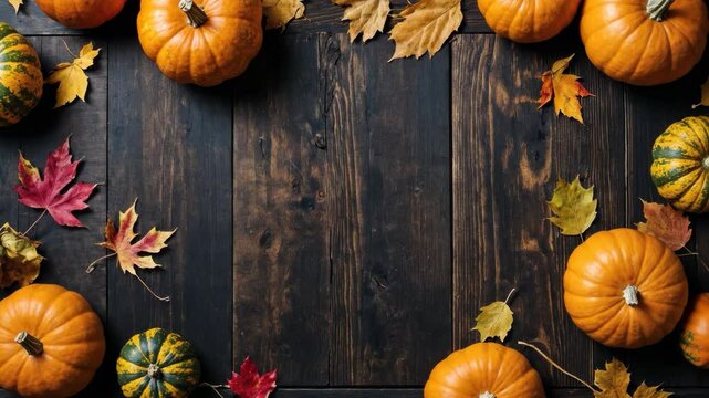Autumn's bounty, A rustic wood table adorned with pumpkins and colorful fall leaves provides a warm and inviting scene