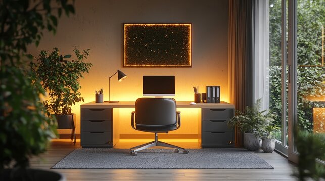Modern home office interior with elegant lighting, computer workstation, plants, and scenic outdoor views