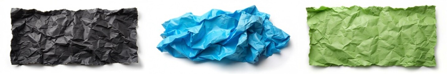 Obraz premium Three different colored pieces of paper with a blue one in the middle. The blue paper is crumpled and torn