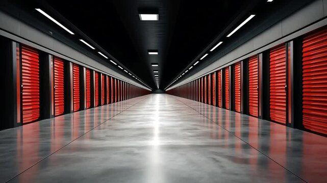 Storage facility aisle with bright red doors and polished concrete floor at night