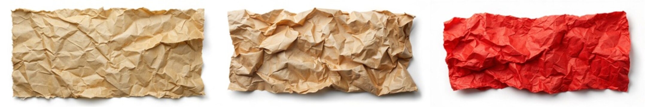 Three different colored pieces of paper with a red one on the right. The paper is crumpled and has a rough texture
