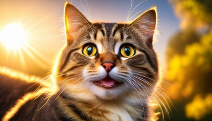 Obraz premium 正面からのアップで、明るく愛らしい笑顔を見せる猫のポートレート