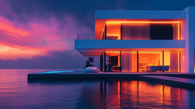 Modern luxury waterfront villa bathed in vibrant sunset colors reflecting on calm water surface