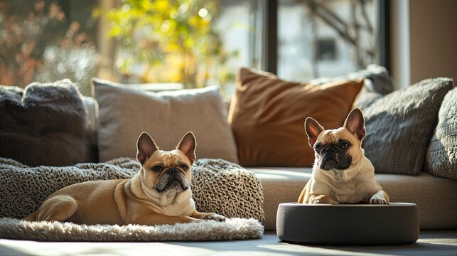 Two adorable french bulldogs relaxing comfortably in a cozy living room with plush furniture and natural light