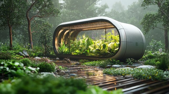 Modern ecofriendly greenhouse surrounded by lush nature with abundant plant life in a serene forest setting