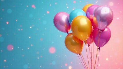 A delightful cluster of pastel balloons floats against a bokeh background, celebrating joy and festivity with shimmering elegance