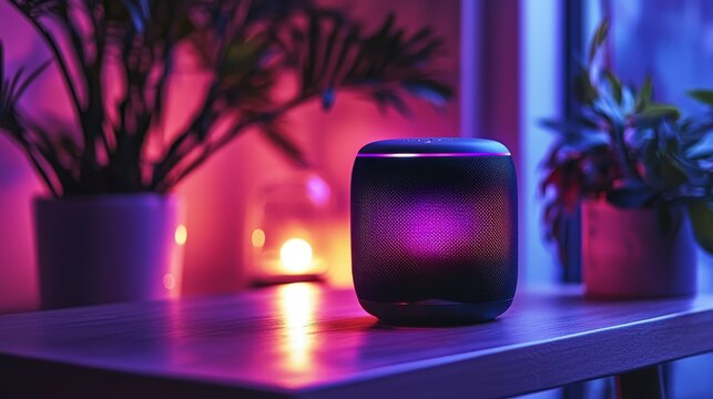 Stylish speaker with ambient lighting in cozy indoor setting surrounded by plants and soft glow of candles