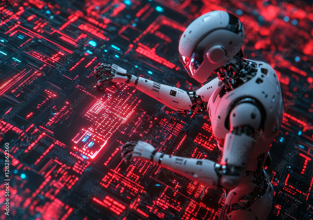 Poster robot repairing digital interface with glowing circuits and patterns