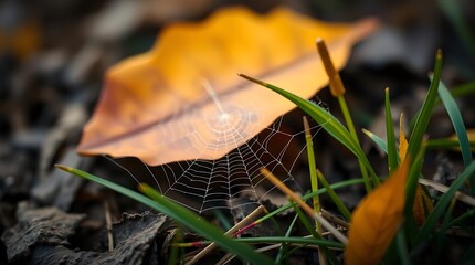 Photo Featuring Simple Nature Elements Like A Fallen Leaf, A Spiderweb, And A Single Blade Of Grass, With A Focus On Intricate Details And Textures, Utilizi.
