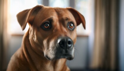  落ち着いた室内で、どこか哀愁を帯びた眼差しを見せる犬のアップ