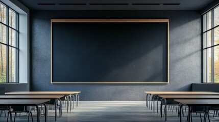 Blackboard without any writing, positioned on the wall of a quiet classroom, with a minimalistic and clean environment