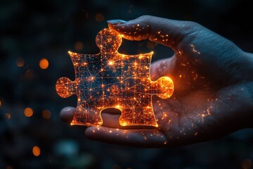 Hand Holding an Illuminated Puzzle Piece with a Cosmic Glow Effect