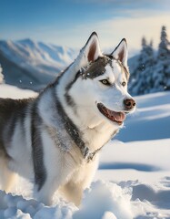 Fototapeta premium 真っ白な雪景色の中、嬉しそうに雪と戯れるハスキーの躍動感ある姿