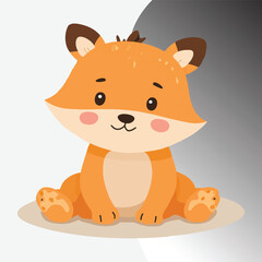 Fototapeta premium Ute cartoon fox, smiling face, closed eyes, big ears, orange fur, stylized texture, simple background, minimalist design, children's illustration,