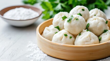 Steamed buns in bamboo steamer, kitchen setting