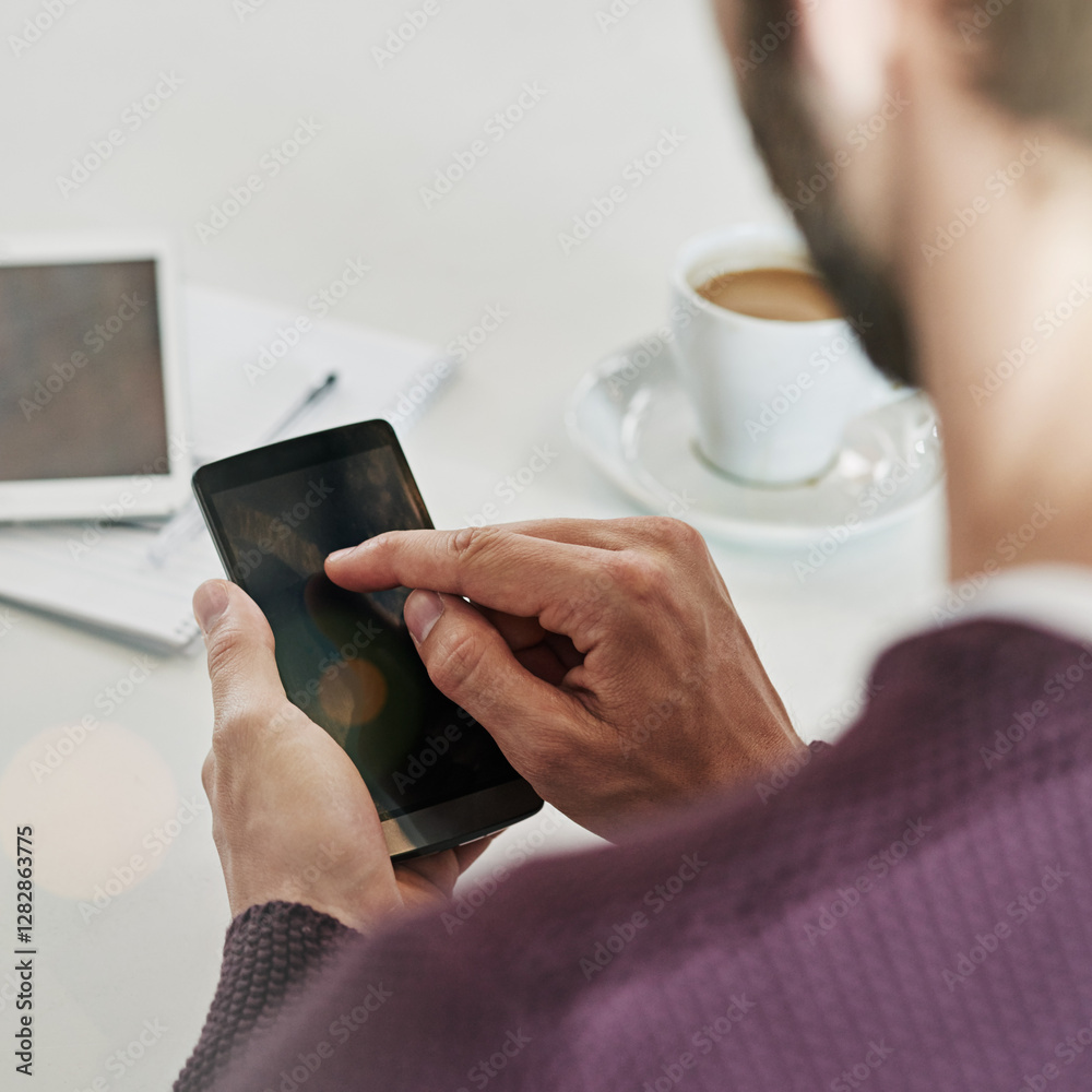 Poster office, phone screen and hands of business man with mockup for internet, research and online chat. p