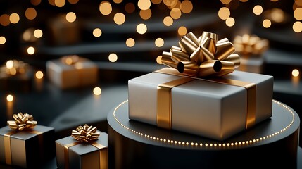 Elegant gift box with gold ribbon, dark background, bokeh lights, festive celebration, advertising