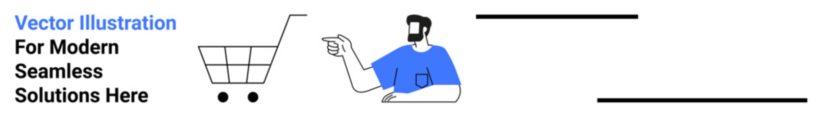 Man in a blue shirt pointing at a shopping cart, symbolizing online shopping. Ideal for e-commerce, retail, digital marketing, modern technology, user engagement, customer journey, flat landing page