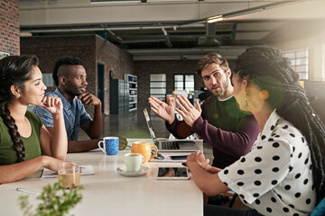 Meeting, creative and team of people in office planning editorial publication for magazine....
