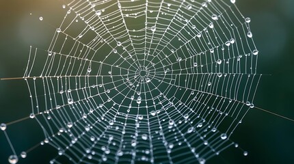 Fototapeta premium Photo Highlighting Simple Nature Elements Intricate Patterns In A Spiderweb Covered In Morning Dew, Macro Photography, Detailed Texture, Cool Color Palette,.