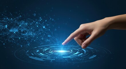 a hand interacting with a futuristic digital interface. 
