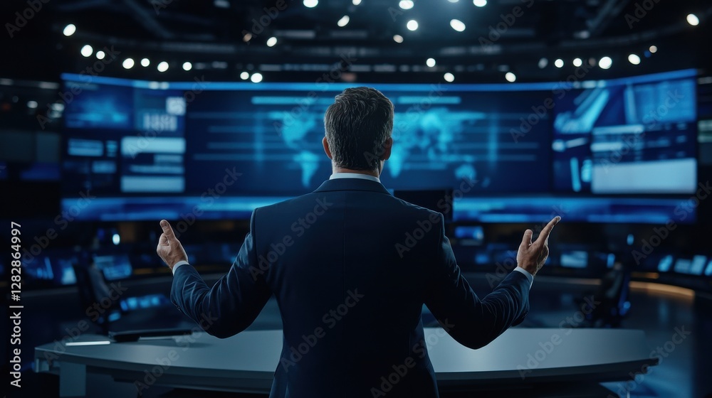 Aufkleber a man in a suit stands in front of a large screen with a globe on it