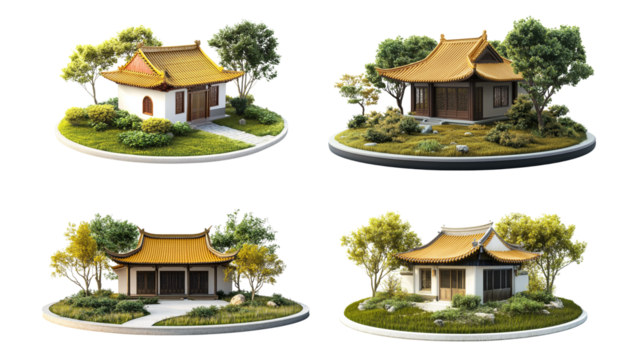 3D icon of Japanese house with garden, isolated on white background.
