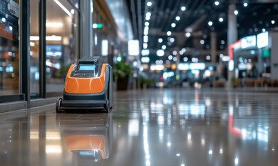 A service robot in a modern indoor space with bright lighting.