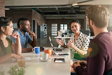 Discussion, creative and team of people in office planning editorial publication for magazine....