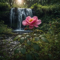 A wild rose in overgrown grass, beside a hidden jungle waterfall.