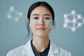 portrait of young female scientist with confident expression wearing high-tech lab coat with glowing biometric data