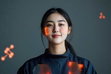 portrait of young female scientist with confident expression wearing high-tech lab coat with glowing biometric data
