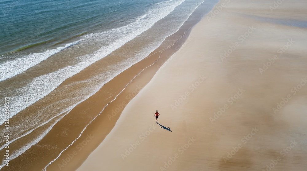 Poster a person is walking on a beach with the ocean in the background