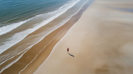 A person is walking on a beach with the ocean in the background