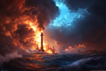 A dramatic lighthouse scene amidst fiery clouds and turbulent seas.