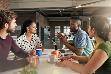 Discussion, creative and group of people in office planning editorial publication for magazine. Meeting, diversity and team of copywriters with journalism career at startup for media research.