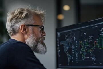 professional depiction of logistics coordinator working on computer with global shipping routes displayed on screen