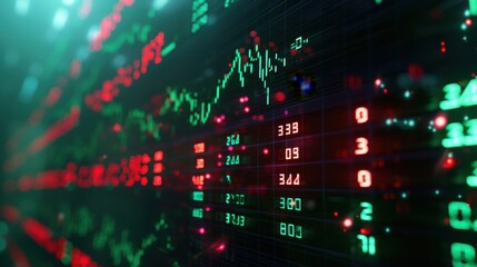 Abstract Digital Stock Market Data Screen Display with Red and Green Fluctuating Charts and Depth of Field