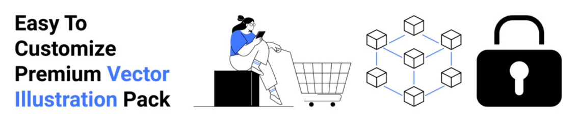 Woman browsing smartphone, sitting near shopping cart, connected blocks representing blockchain, lock symbol for security. Ideal for e-commerce, fintech, cybersecurity, data privacy, blockchain