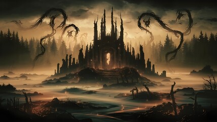 "Haunting Mist of Forgotten Spirits with Eerie Ghostly Fog, Paranormal Shadows, Ancient Runes, Eldritch Horror, Cursed Whispers, and Dark Supernatural Forces."