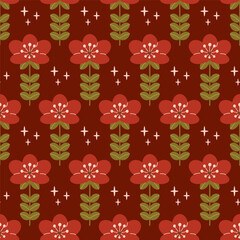 A bright pattern with a fantasy red flower and stars.