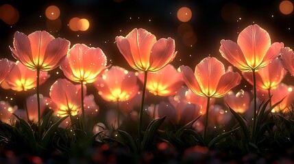 Glowing tulips at night, magical garden scene, fantasy background, ideal for fantasy or nature themes