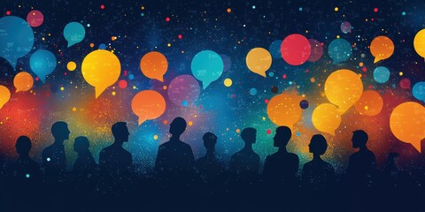 Group discussion silhouettes with colorful speech bubbles on a dark background