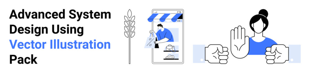 Wheat stalk, online shop illustration, hand gestures, and collaborative actions. Ideal for teamwork, commerce, inclusivity, agriculture digital marketing partnerships and business. Flat landing