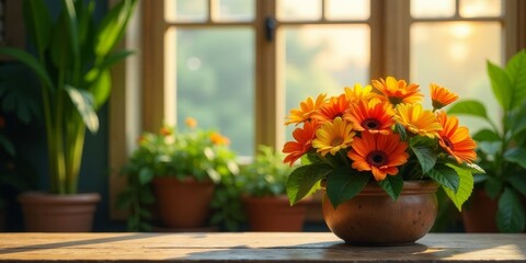 Fototapeta premium Vibrant orange and yellow gerbera daisies in a rustic brown pot, bathed in the warm glow of sunlight streaming through a window, creating a peaceful and serene atmosphere in a home setting.