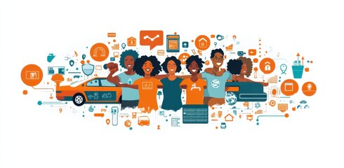 Obraz premium Illustration of community unity with diverse people and modern technology icons