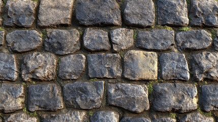 Obraz premium High-resolution cobblestone wall texture with a rough, uneven surface and subtle variations in tone. The seamless tiling makes it suitable for backgrounds, gaming assets, and architectural renderings.