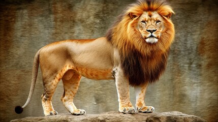 Obraz premium Majestic Lion Stands Proudly on Rock with Beautiful Mane