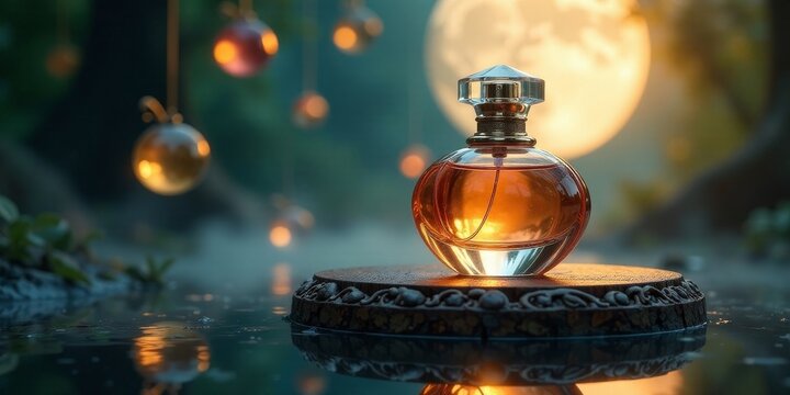 Aromatic Elixir  Scented Perfume Bottle Resting on Ornate Wooden Stand by Tranquil Water Underneath a Serene Night Sky with Glowing Lights