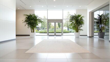 Fototapeta premium Bright modern office lobby features glass entrance doors and potted green plants under natural daylight.